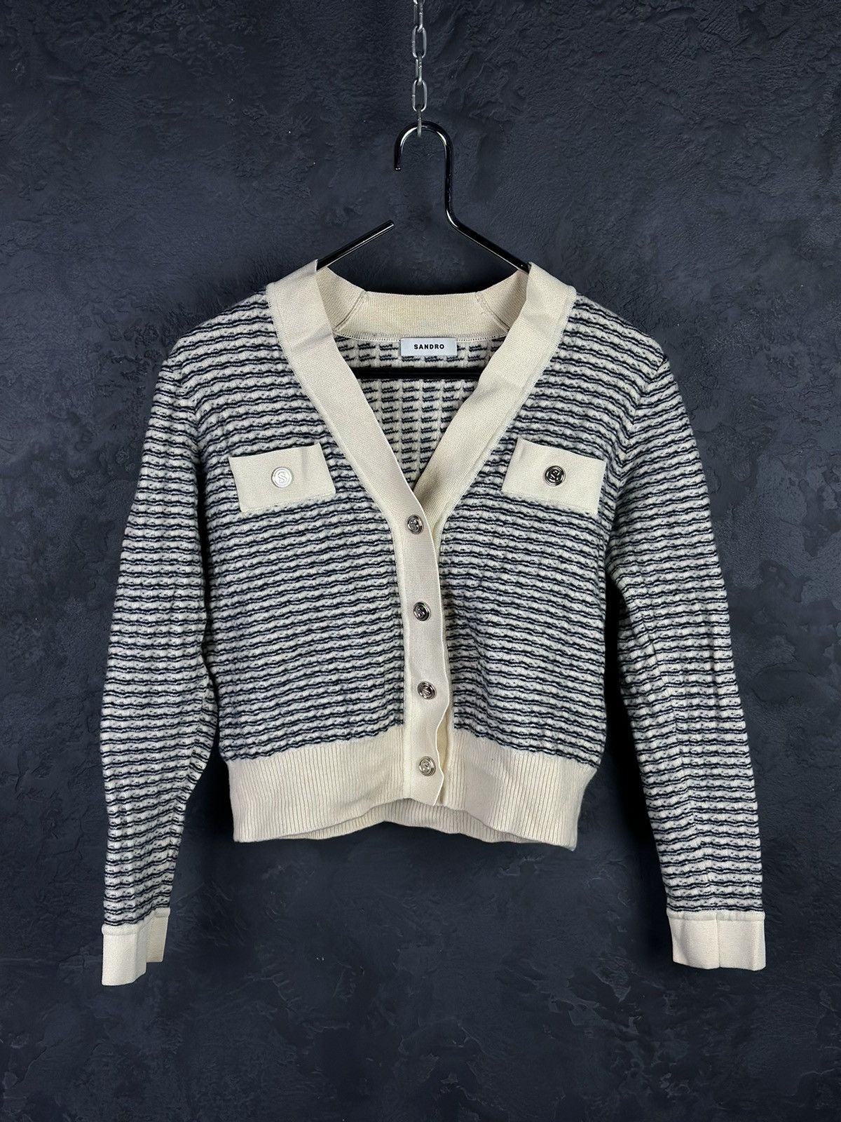 Designer × Sandro SANDRO Striped V-neck Wool Cardigan Size 1 Size S / US 4 / IT 40 - 3 Thumbnail