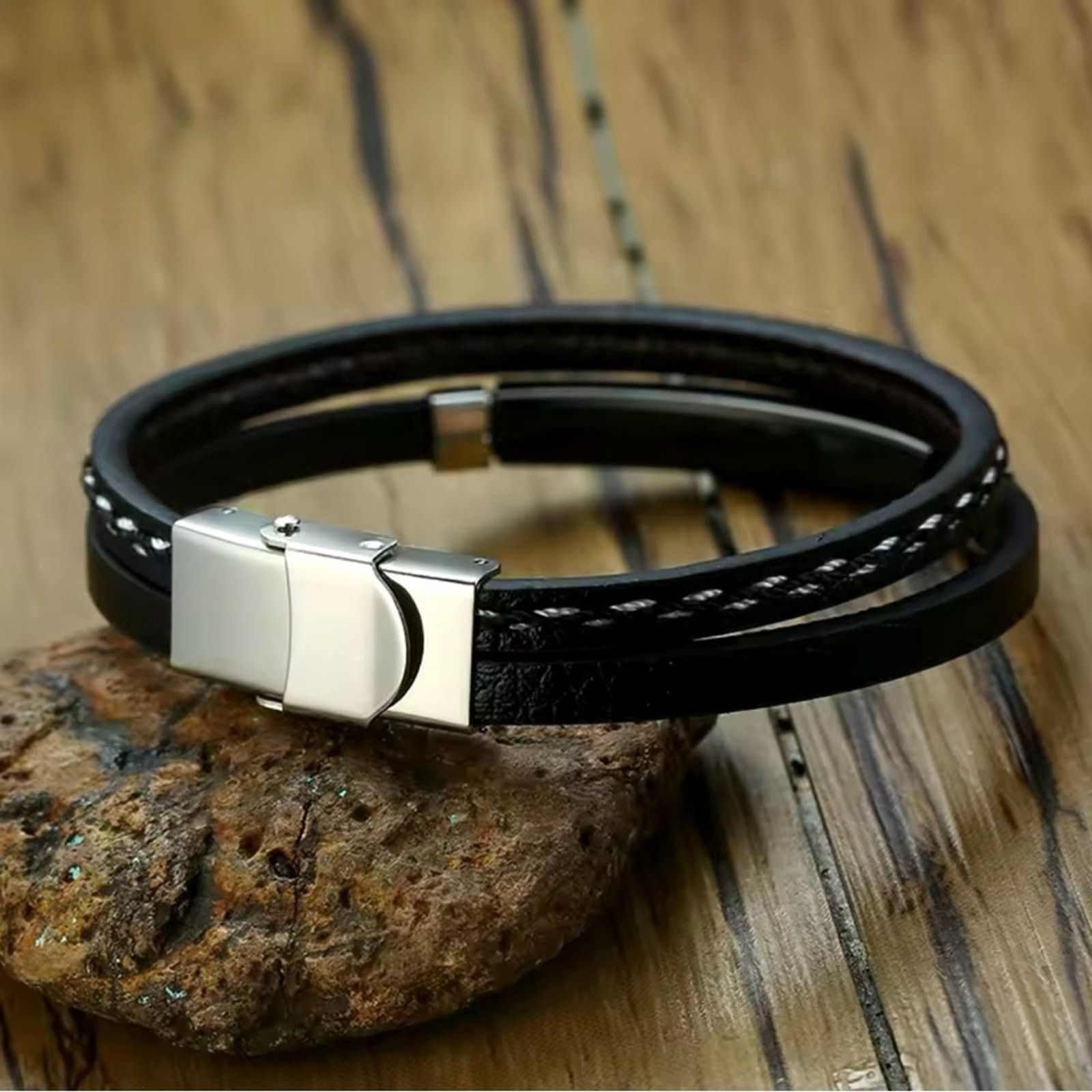 Other Leather Bracelets for Men Women Stainless Steel Bar Layered Size ONE SIZE - 3 Thumbnail