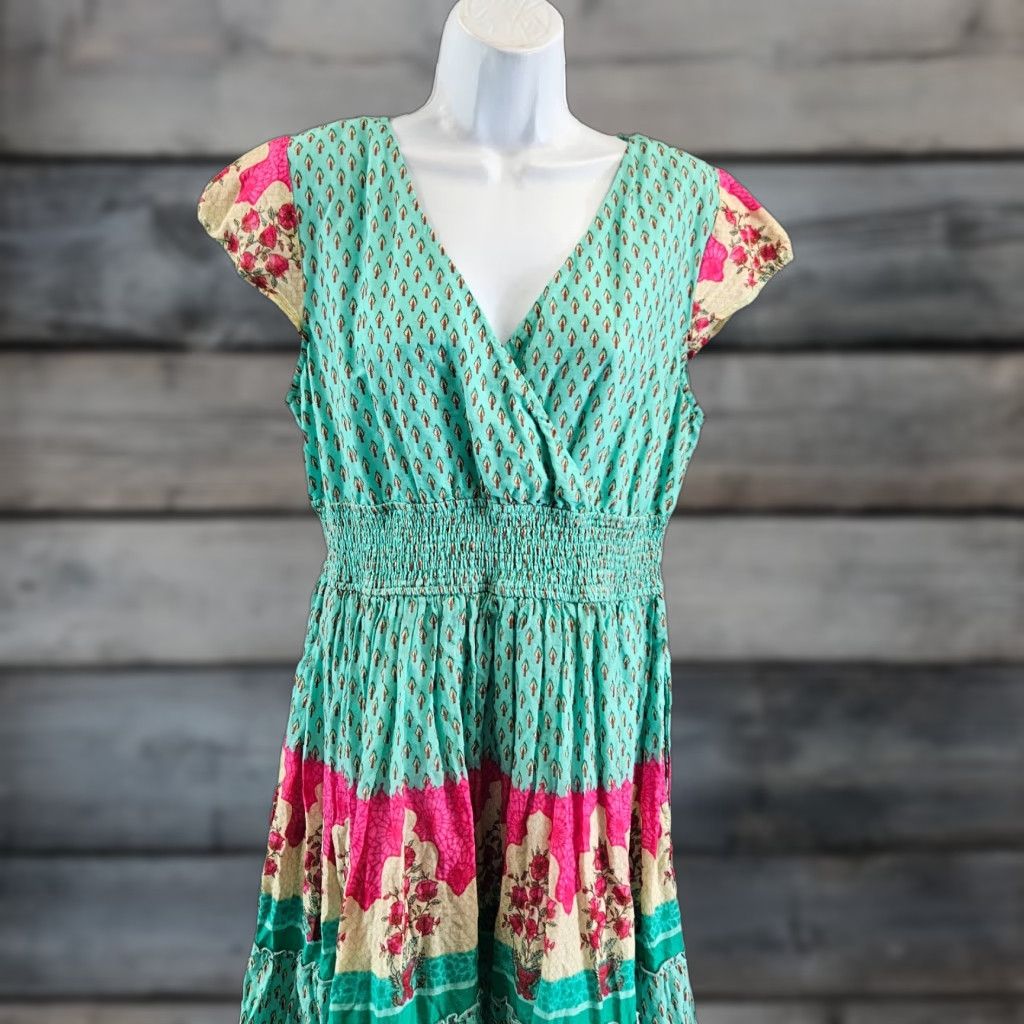 Vintage eShakti Womens Dress L Blue Pink Floral Cap Sleeve Smocked Waist Pockets Midi A-Line Vintage: No (adjusted per rules) Size L / US 10 / IT 46 - 1 Thumbnail