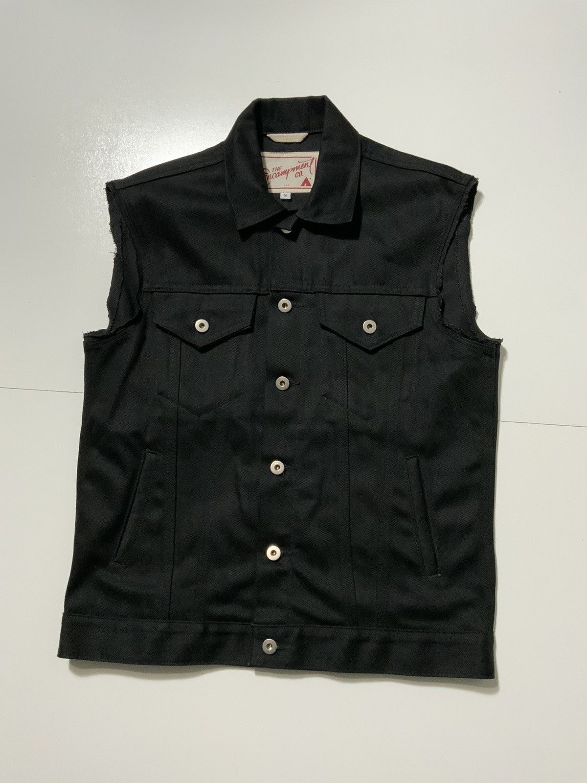 image of Designer Encampment Company Redline Selvedge Denim Vest Jean Jacket in Black, Men's (Size Small)