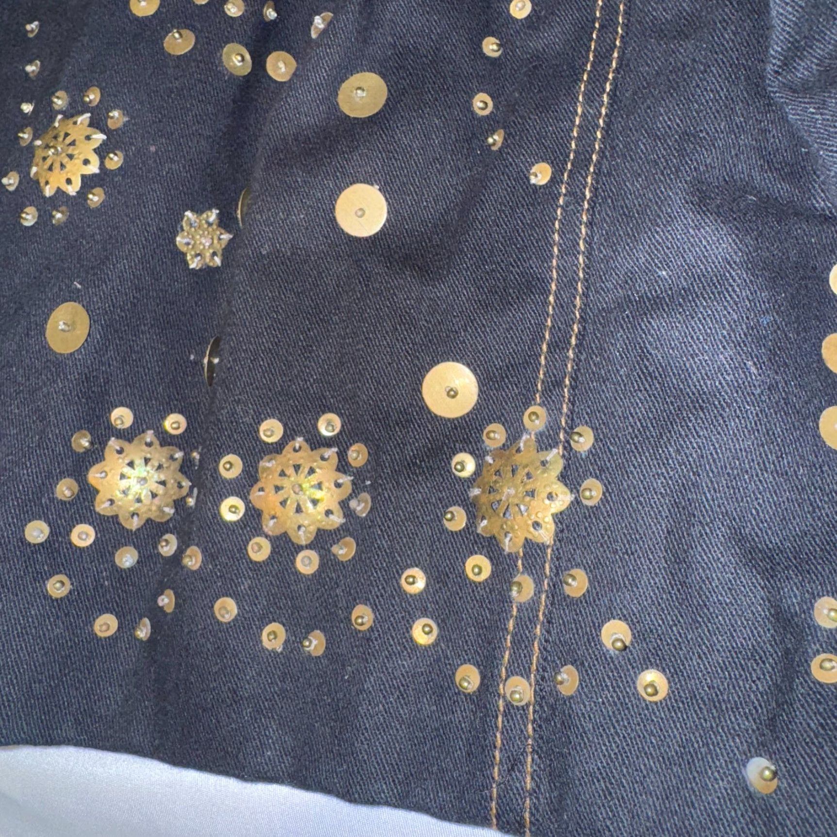 Denime Giclee Denim Jacket 30W Gold Lining & Gold Sequined Floral Embilsihed NWT Size 4XL / US 24-26 - 6 Thumbnail