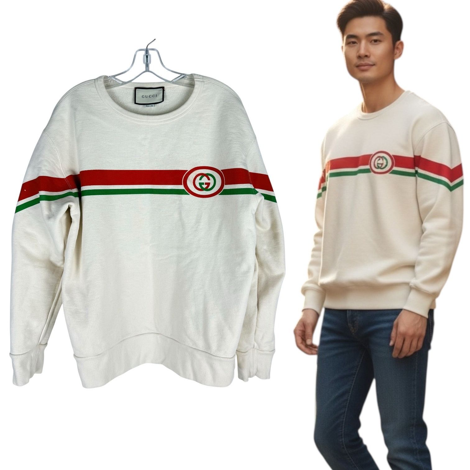 Gucci Gucci Interlocking GG Striped Crew Neck Sweater Off White Size US M / EU 48-50 / 2 - 1 Thumbnail