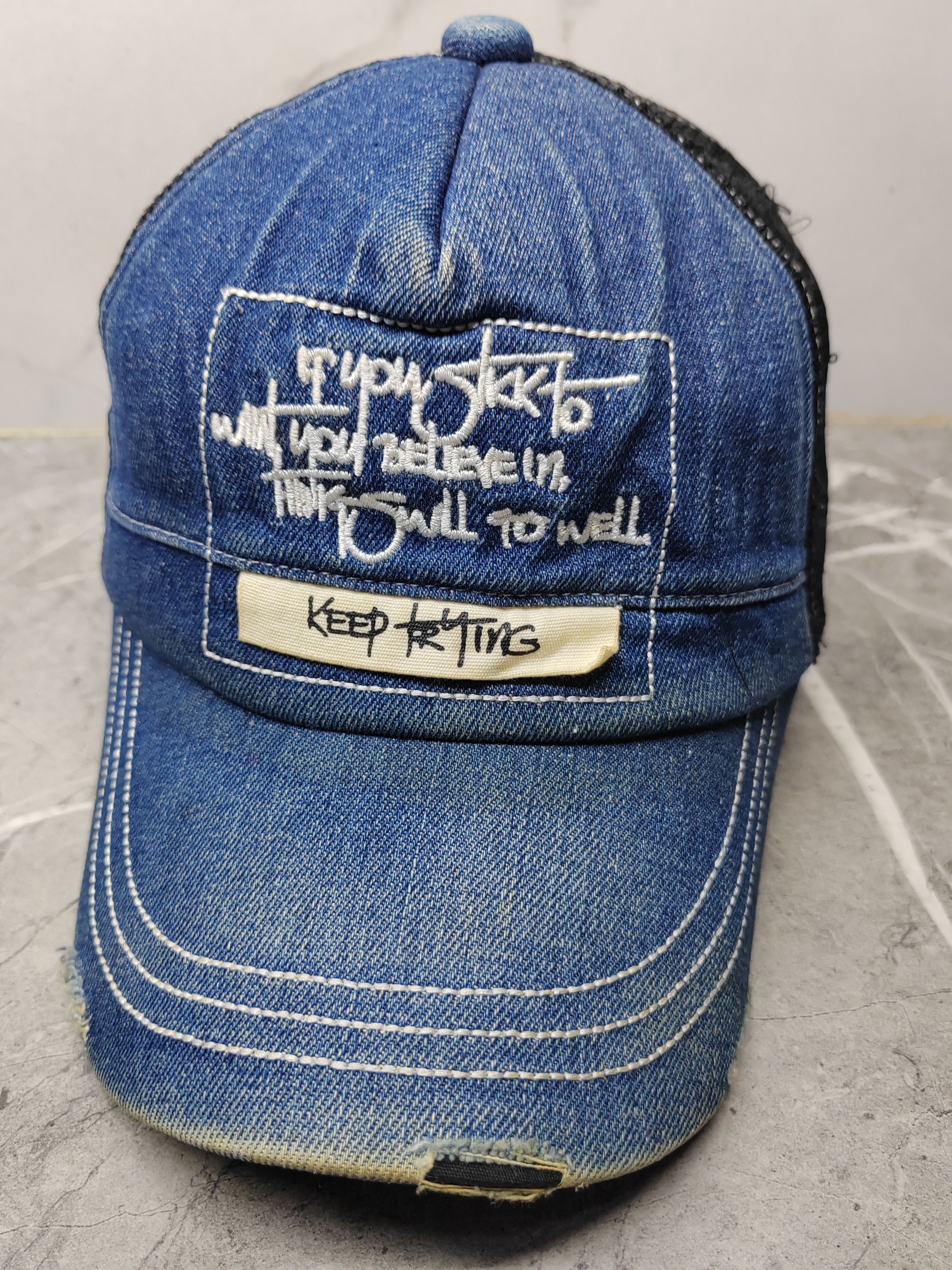 Japanese Brand Vintage Keep Trying Denim Trucker Hat Cap Size ONE SIZE - 1 Thumbnail