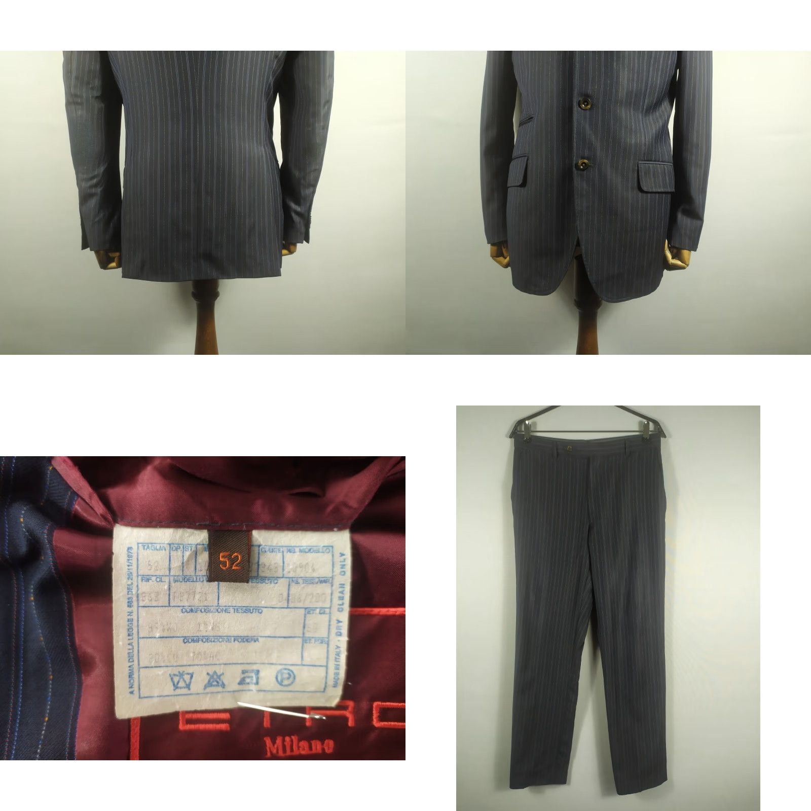 Etro ETRO Wool Suit Men Size 52 Striped 2 Piece Vintage Regular Chest 42 Black 90s Mens Size 52R - 8 Thumbnail