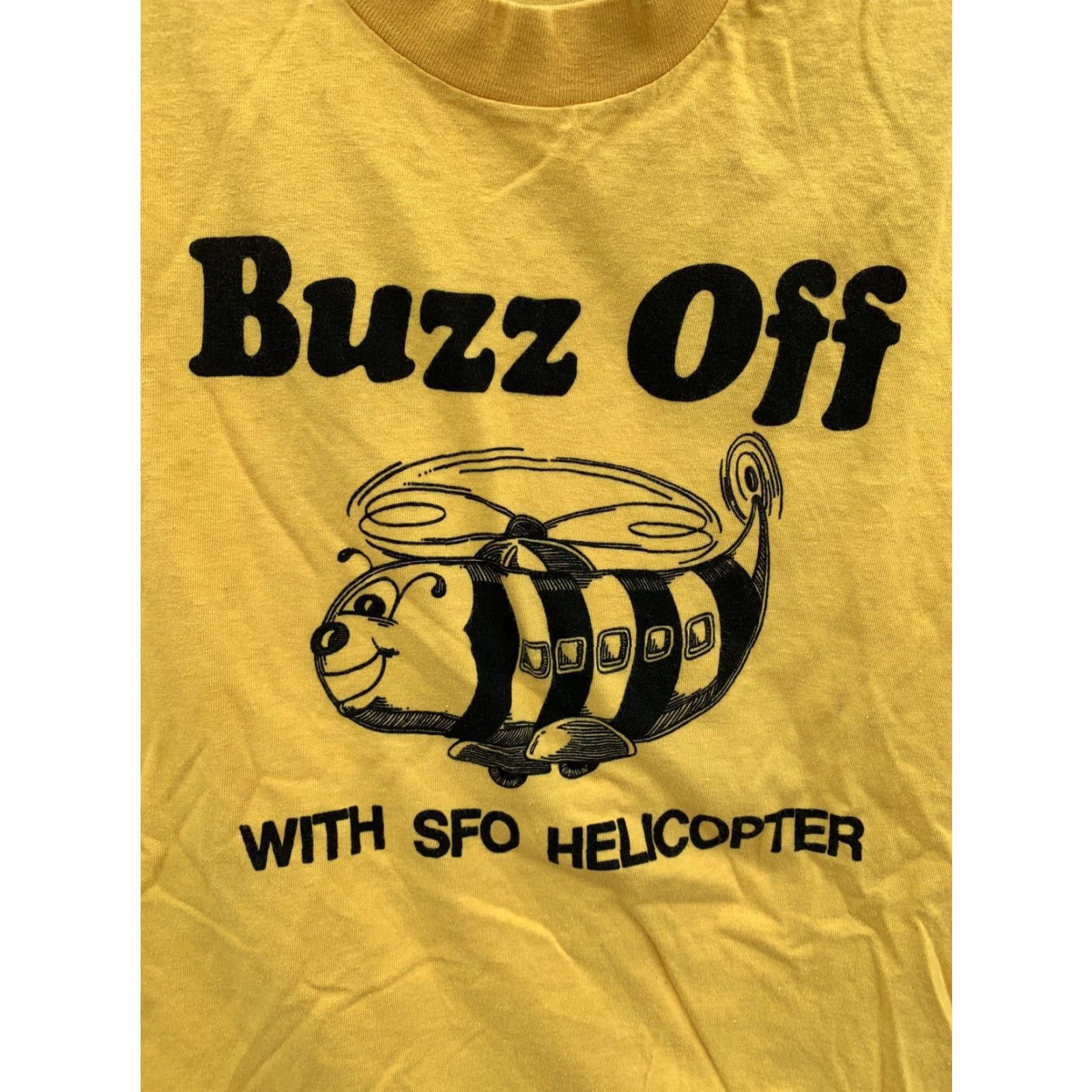 Vintage VINTAGE Belton T-Shirt Buzz Off With SFO Helicopter Graphic Bee 100% Cotton Crew Neck Short Sleeve L Mens Yellow 1970s Size US L / EU 52-54 / 3 - 5 Thumbnail