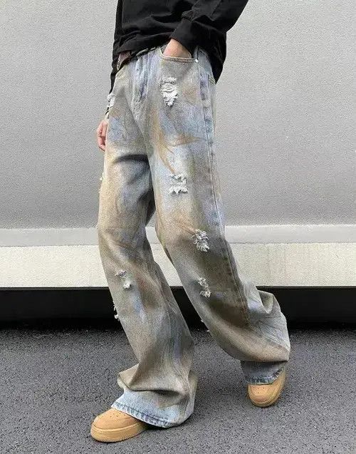 Jean Dirty Wash Blue Baggy Distressed Jeans Size US 34 / EU 50 - 3 Thumbnail