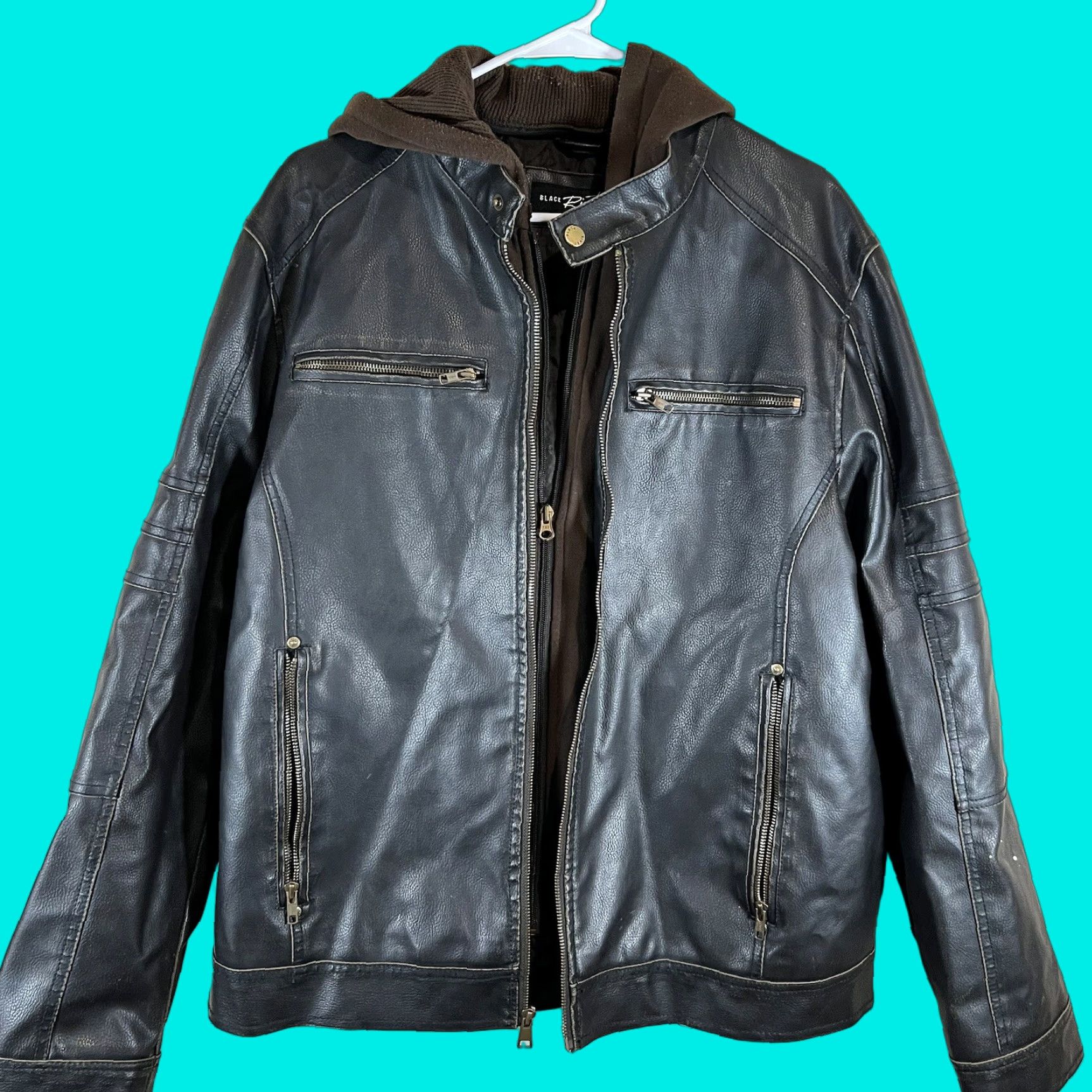 Vintage Black Rivet Jacket Motorcycle Jacket Removable Hood L Mens Black Polyester Full Zip Insulated Mid-Length Vintage No Size US L / EU 52-54 / 3 - 1 Thumbnail