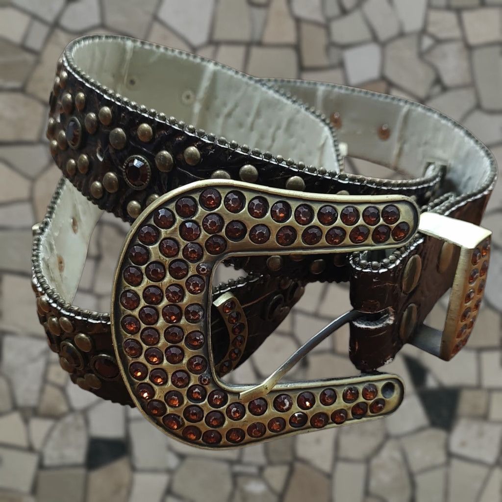 Vintage Western Belt Brown Leather Rhinestone Horseshoe Large Buckle Cowboy Western Classic Womens Size ONE SIZE - 1 Thumbnail