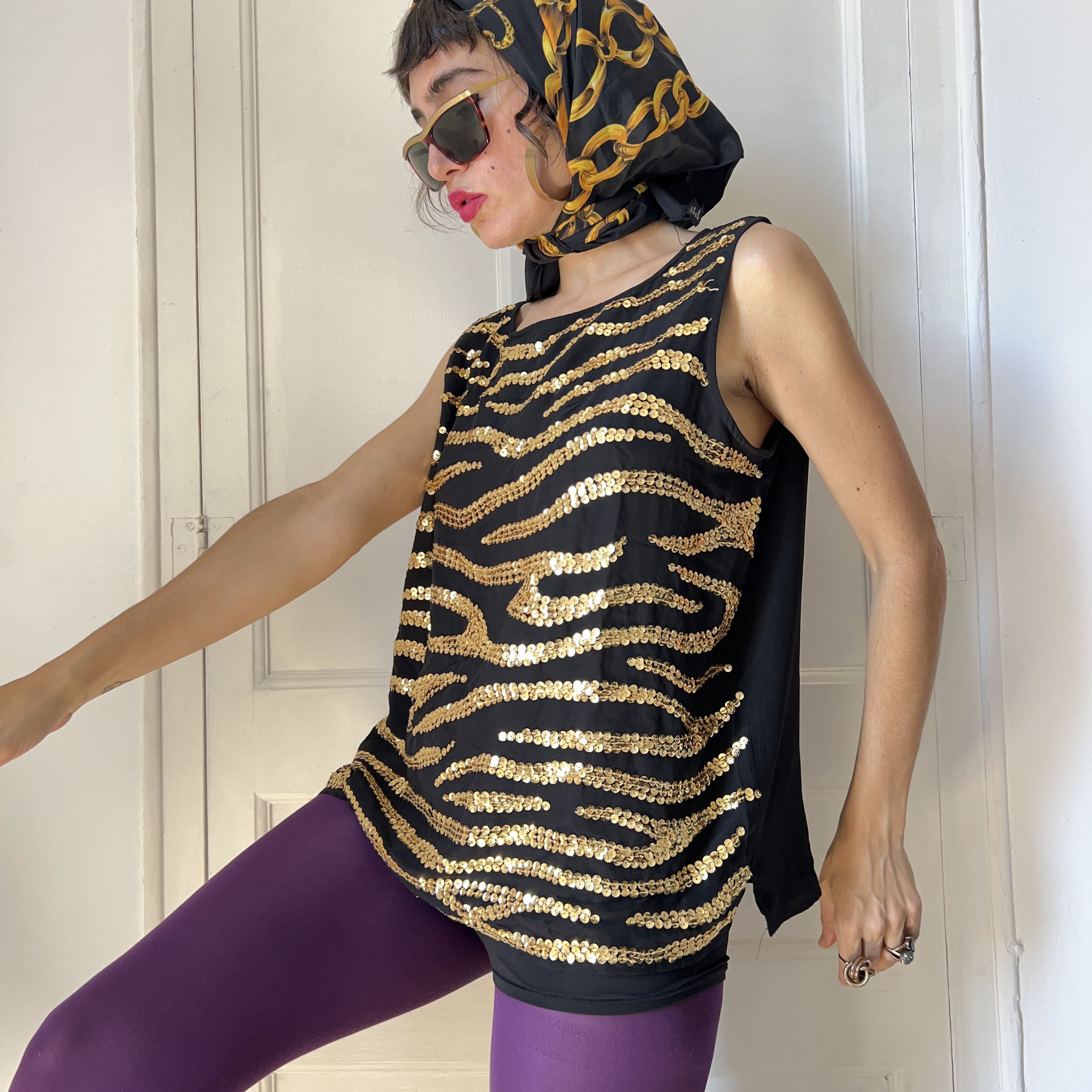 Vintage Vintage Silk Sequin Top, Black Gold Zebra Print Size L / US 10 / IT 46 - 6 Thumbnail