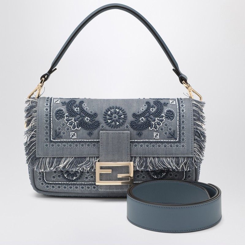 Fendi Baguette Bag In Embroidered Denim Coral Bandana, Women's