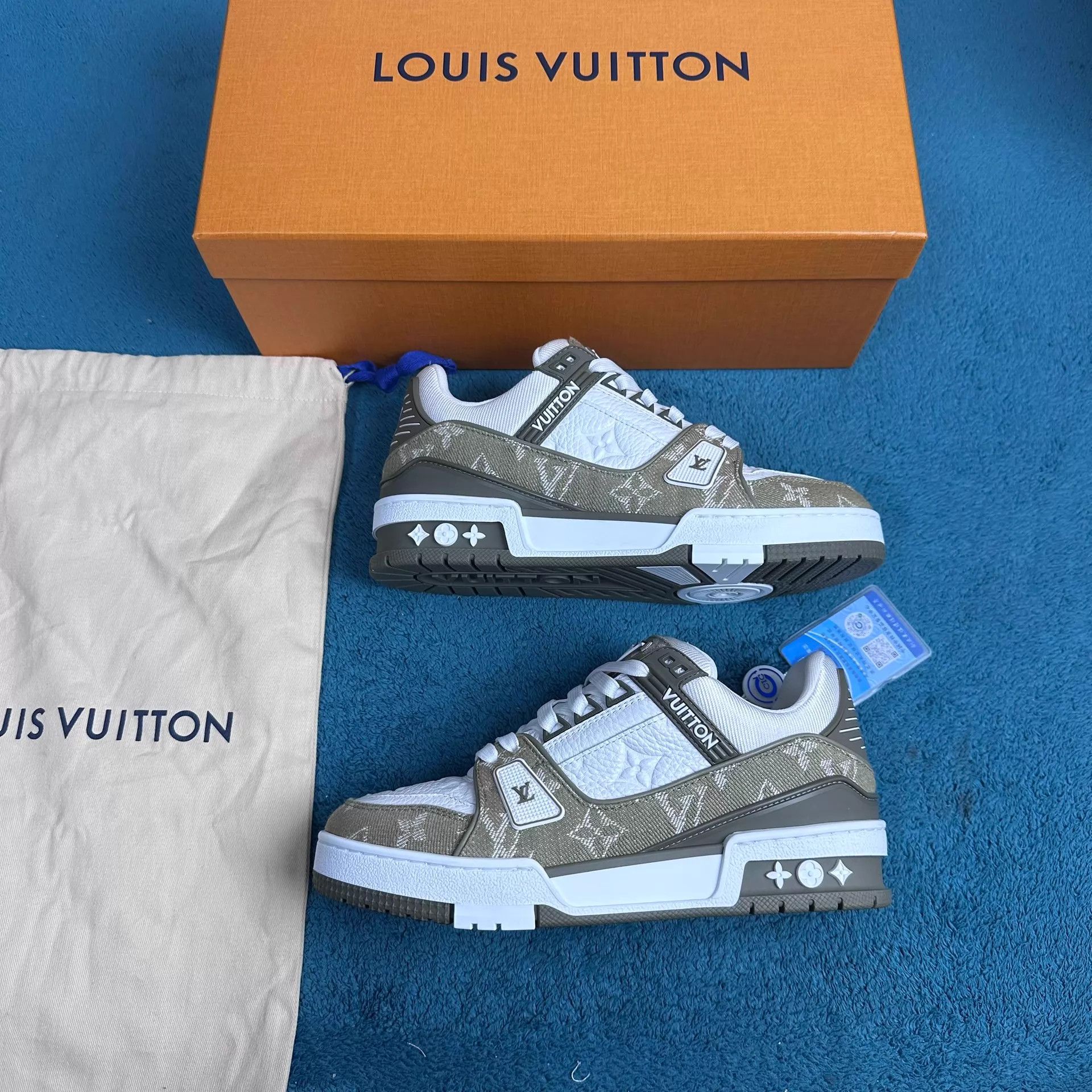 Louis Vuitton LV Trainer Denim & Leather Logo Print Low Green 36.5 Size US 6 / IT 36 - 2 Thumbnail