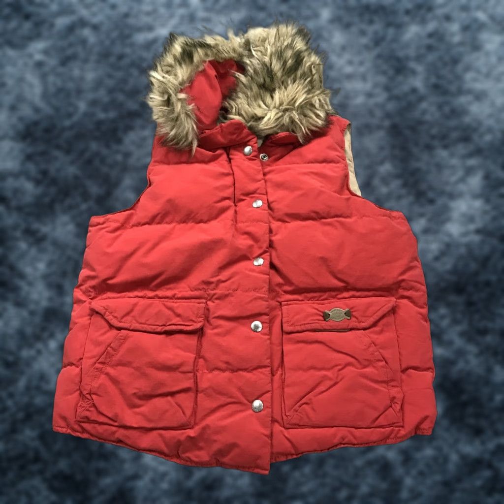 Vintage Denim & Supply Ralph Lauren Vest Womens Small Red Fur Trim Down Puffer Hood Snap Vest Vintage S Womens Size S / US 4 / IT 40 - 1 Thumbnail