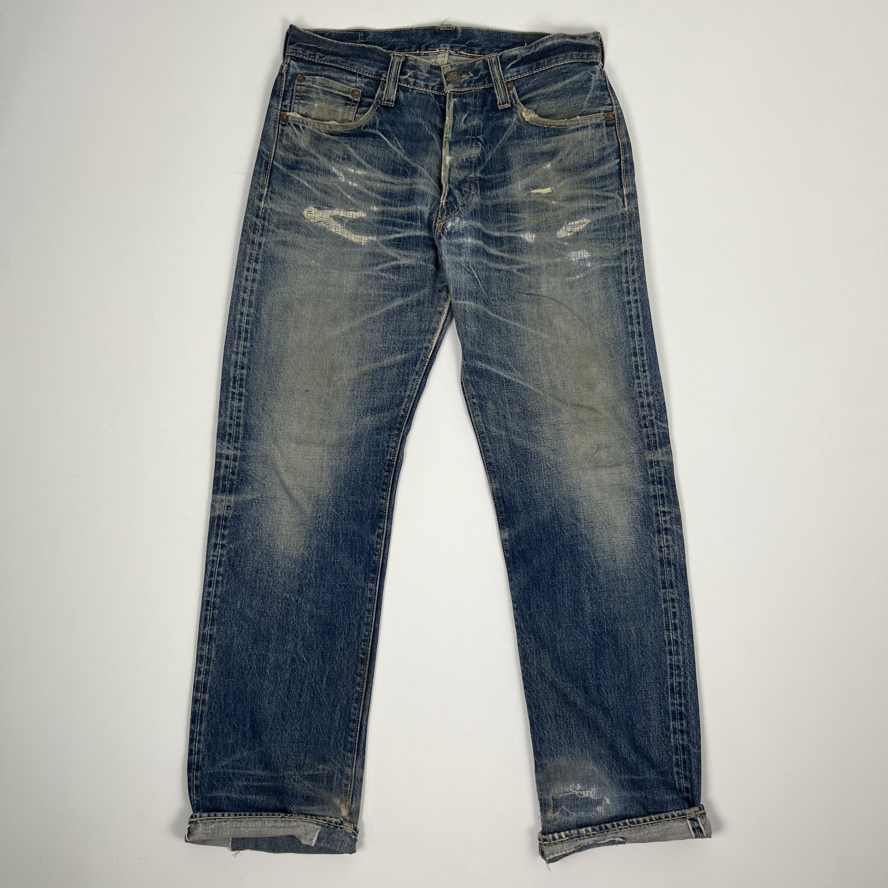 Image of Maple Selvedge x Sugar Cane Vintage Sugarcane Distressed Boro Stiching Denim Trousers (Size 31)