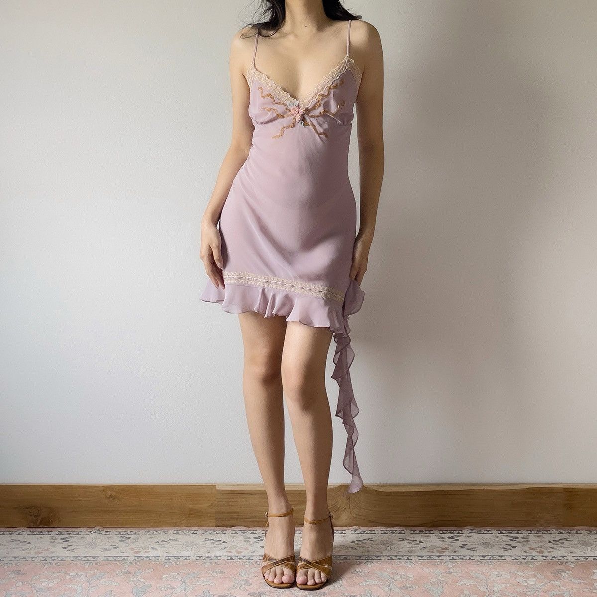 Vintage Romantic Dusty Purple Chiffon Semi-Sheer Mini Dress (Large) Size L / US 10 / IT 46 - 7 Thumbnail