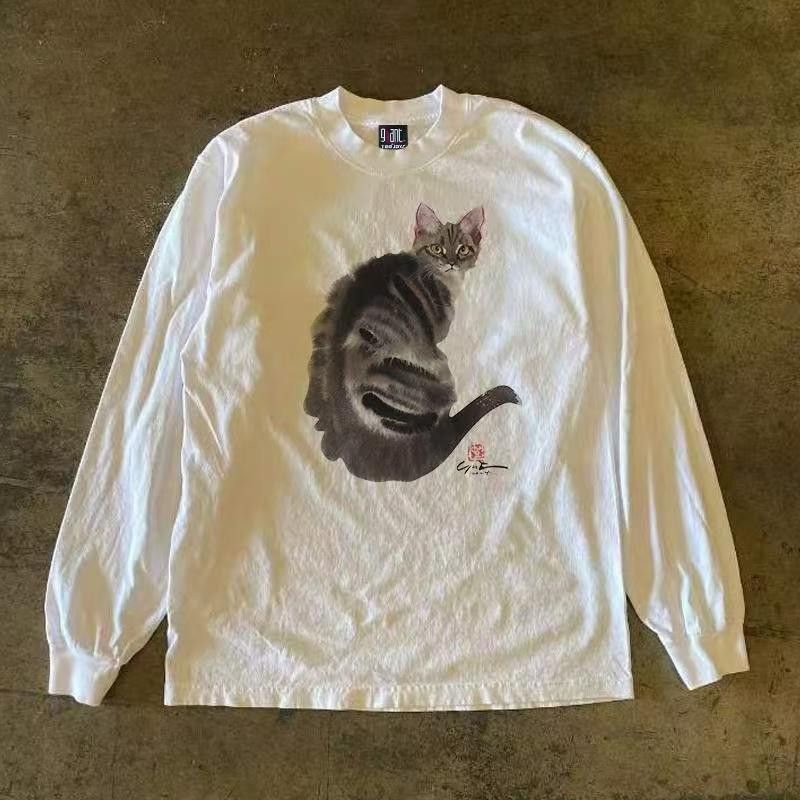 Japanese Brand White casual retro cat print long-sleeved t-shirt Size US M / EU 48-50 / 2 - 1 Thumbnail