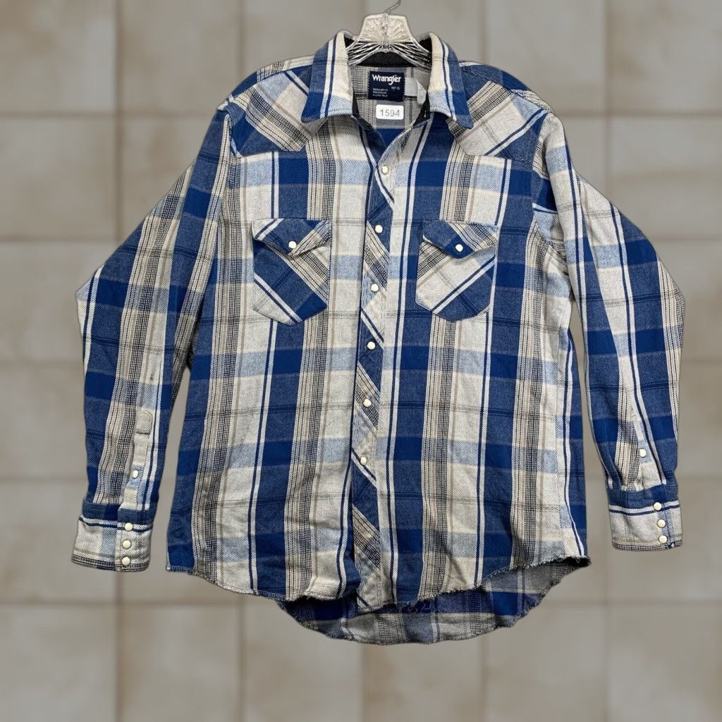 Wrangler VINTAGE Wrangler Button-Up Plaid Flannel XL Blue Long Sleeve Casual Workwear Shirt 80s 90s Western Grunge Cowboys Mens Size US XL / EU 56 / 4 - 1 Thumbnail