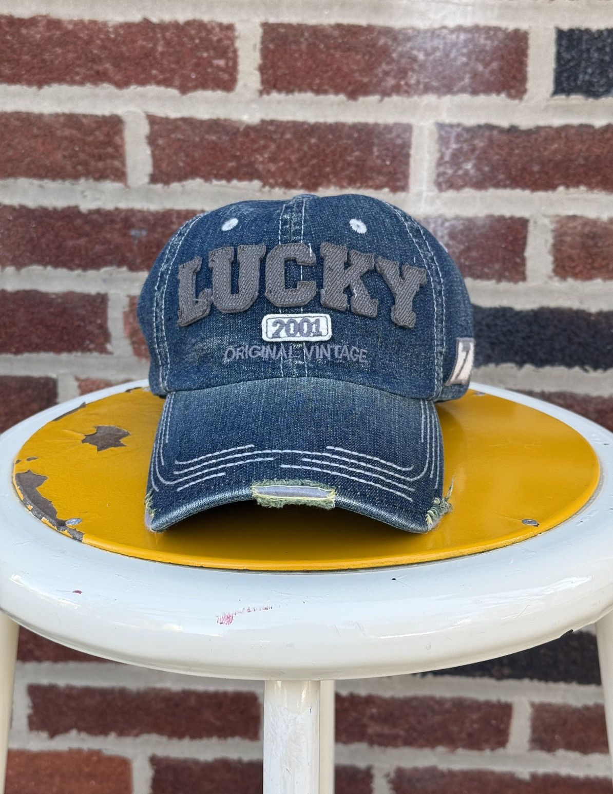 Japanese Brand Vintage 2001 Lucky “Original Vintage” Denim Cap Size ONE SIZE - 5 Thumbnail