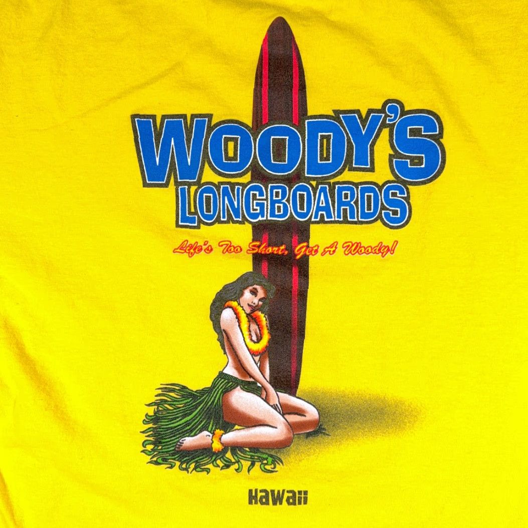 AAA Woodys Longboards Shirt Adult LARGE Yellow Hawaii Surfing Hula Girl Funny Y2K Size US L / EU 52-54 / 3 - 4 Thumbnail