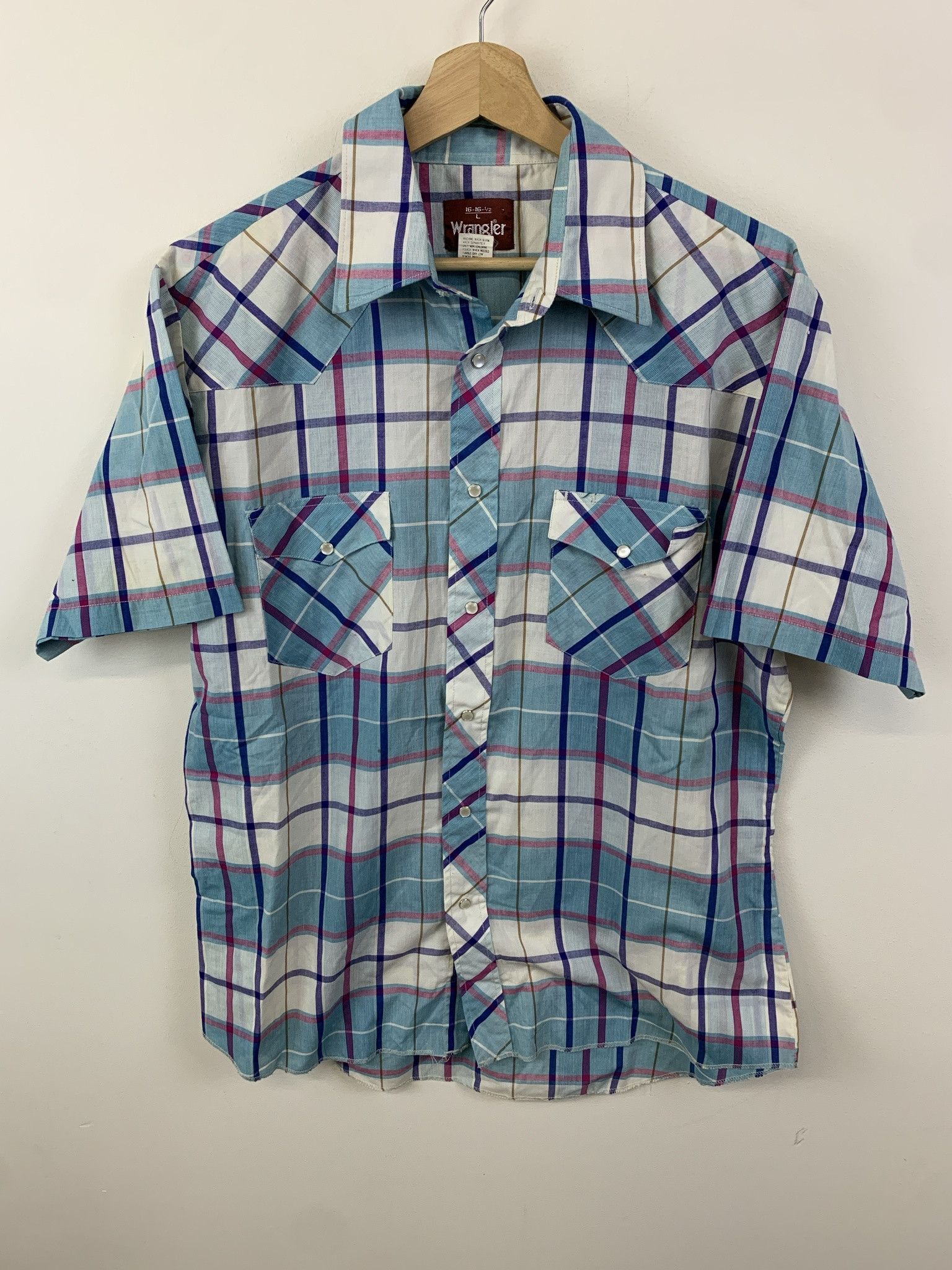 Flannel × Tee Shirt × Vintage Vintage 1990s Blue Check Pearl Snap Shirt  Western Rodeo Shirt Size L | Grailed