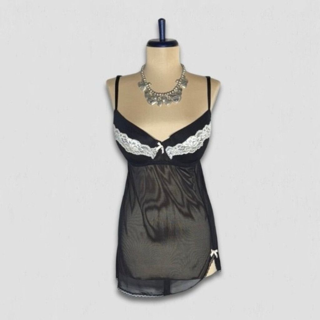 Vintage Sheer Babydoll Nightgown Lace Trim Black/White L Size L / US 10 / IT 46 - 1 Thumbnail
