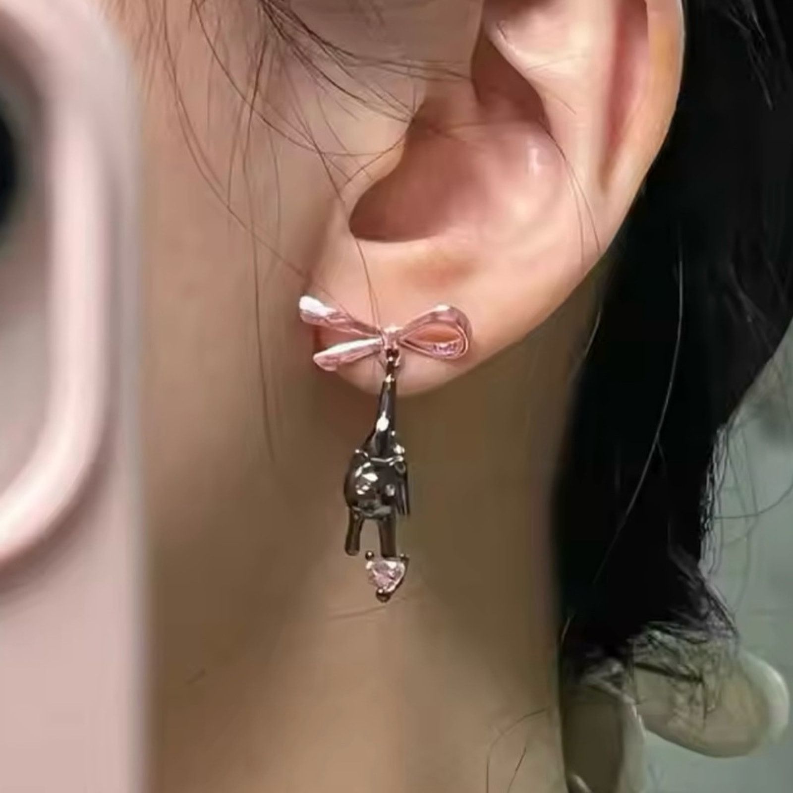 Other Black kitten Pink Heart Rhinestone Bow Drop Earring Size ONE SIZE - 4 Thumbnail