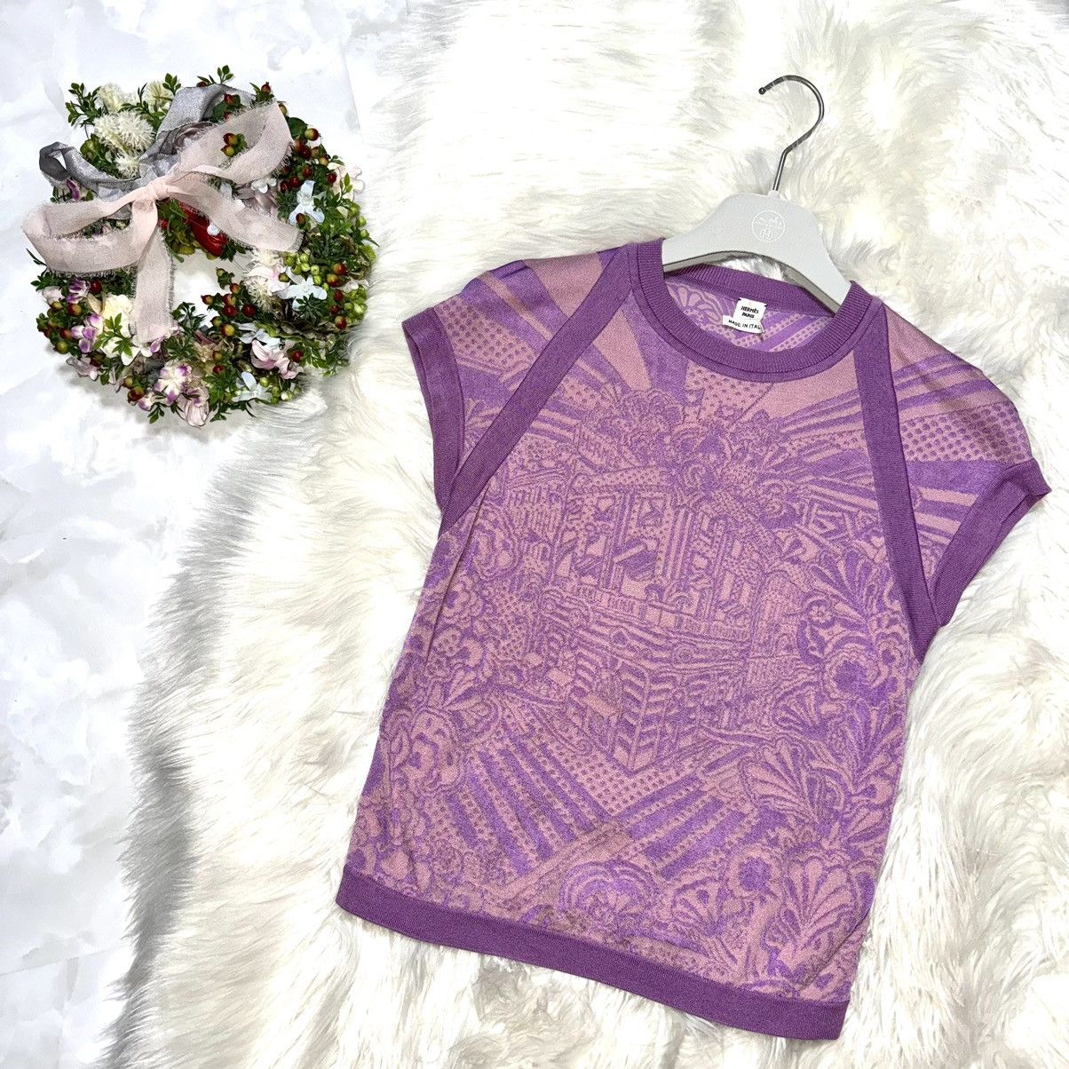 Hermes art design switching floral knit sweater