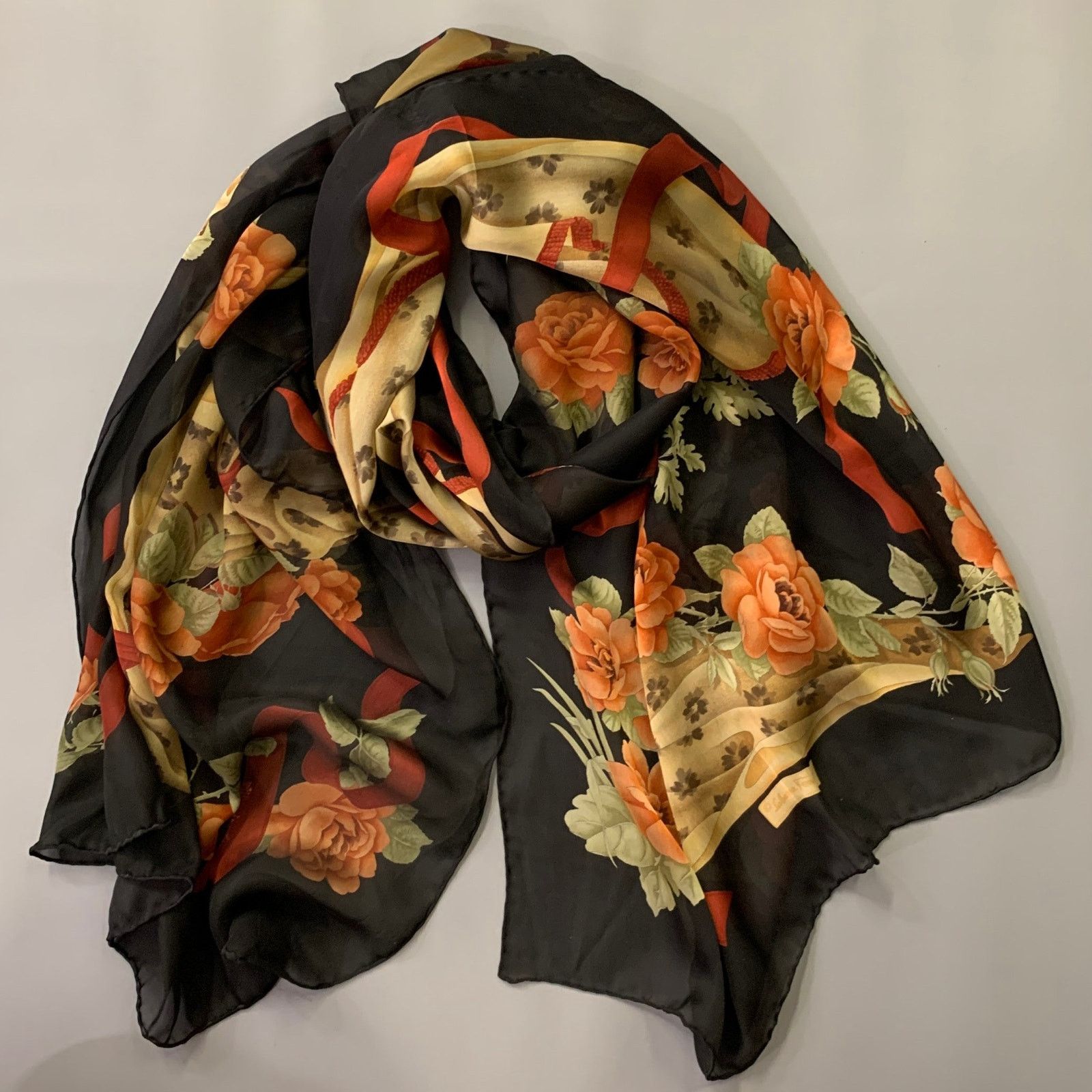 Salvatore Ferragamo SALVATORE FERRAGAMO Black Red Floral Silk Scarf Shawl Size ONE SIZE - 1 Thumbnail