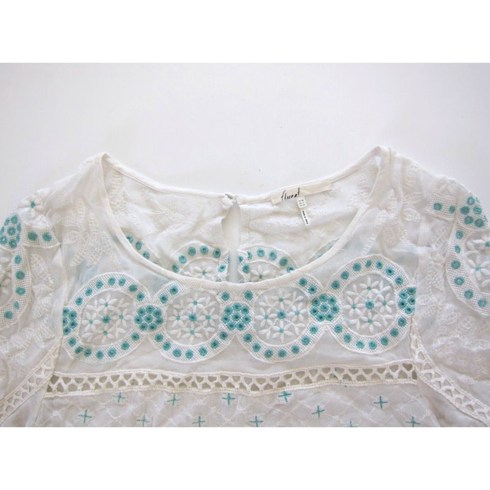 Anthropologie VINTAGE Floreat Anthropologie Cotton White Green Embroidered Fringe Tunic Blouse 8 Size M / US 6-8 / IT 42-44 - 3 Thumbnail