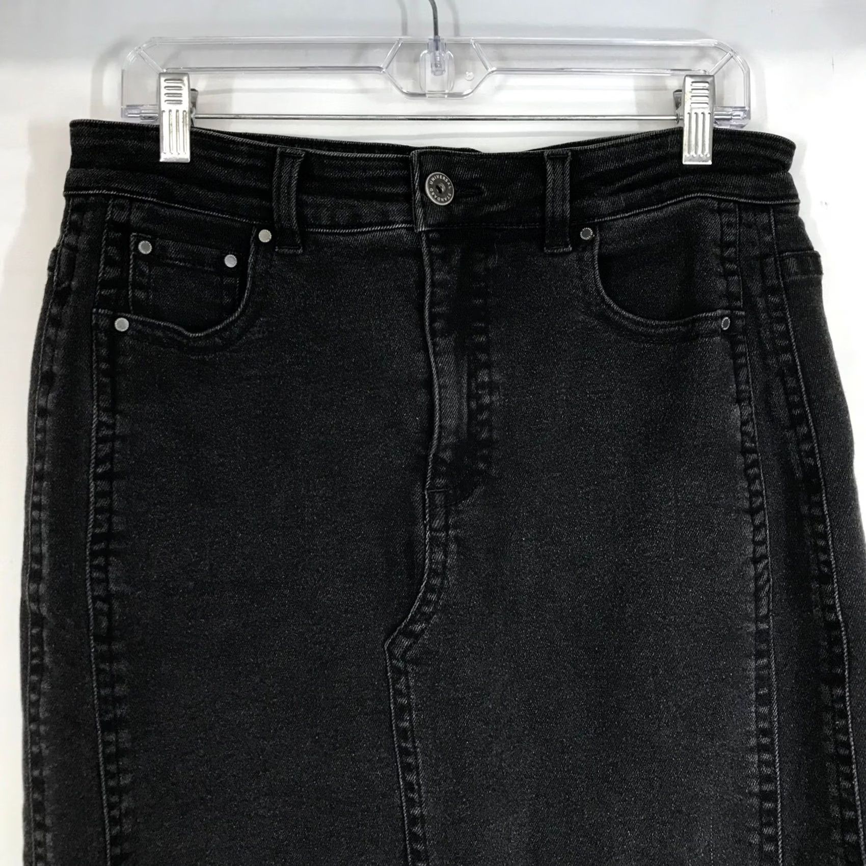Vintage Universal Standard Black Denim Midi Skirt Front Slit Raw Hem Size XS Women Size 26" / US 2 / IT 38 - 2 Thumbnail