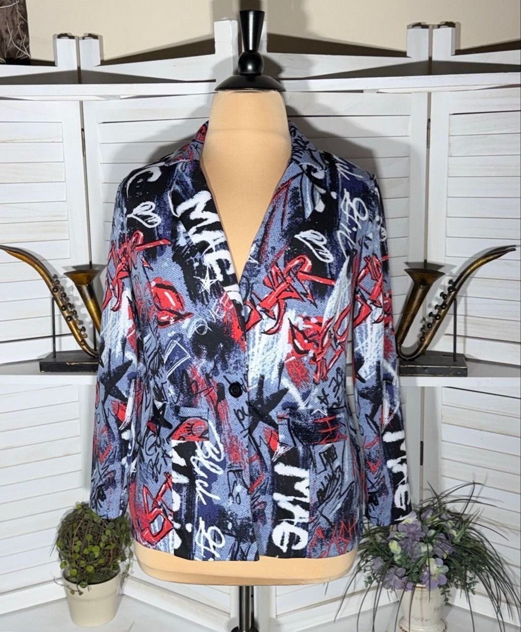 Vintage Y2K blazer avant garde street signs graffiti blue red 1X Size XL / US 12-14 / IT 48-50 - 1 Thumbnail