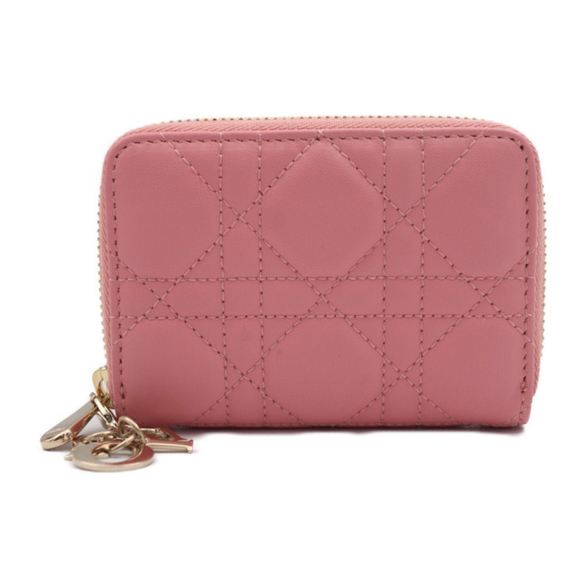 image of Christian Dior Dior Small Zip Coin Case Cannage Lady Voyageur Lambskin Pink Purse Wallet, Women's