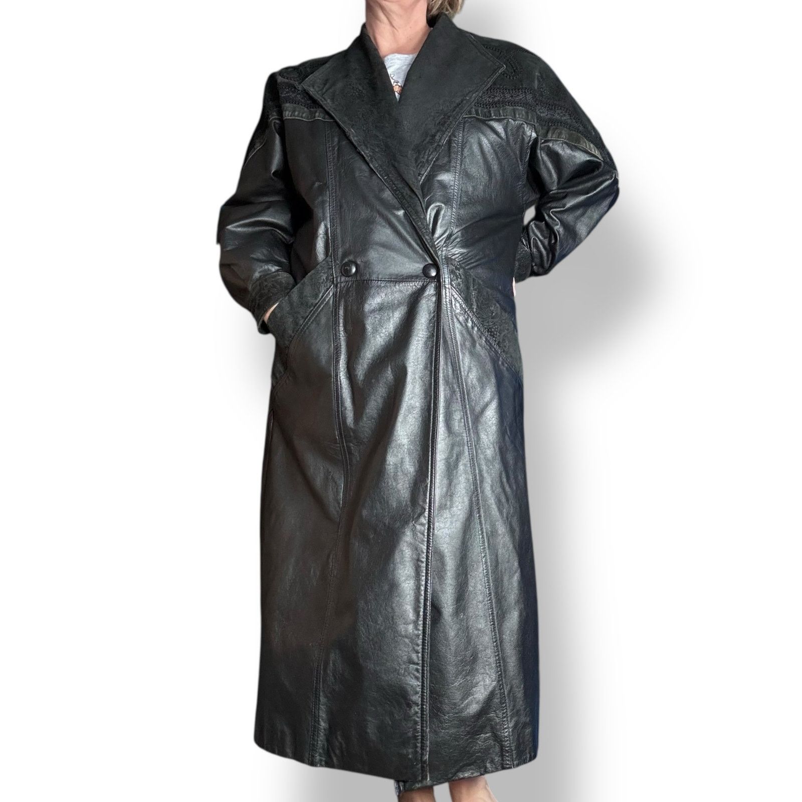 Wilsons Leather Vintage Wilsons Leather Black Long Trench Coat Suede Floral Size M / US 6-8 / IT 42-44 - 17 Thumbnail