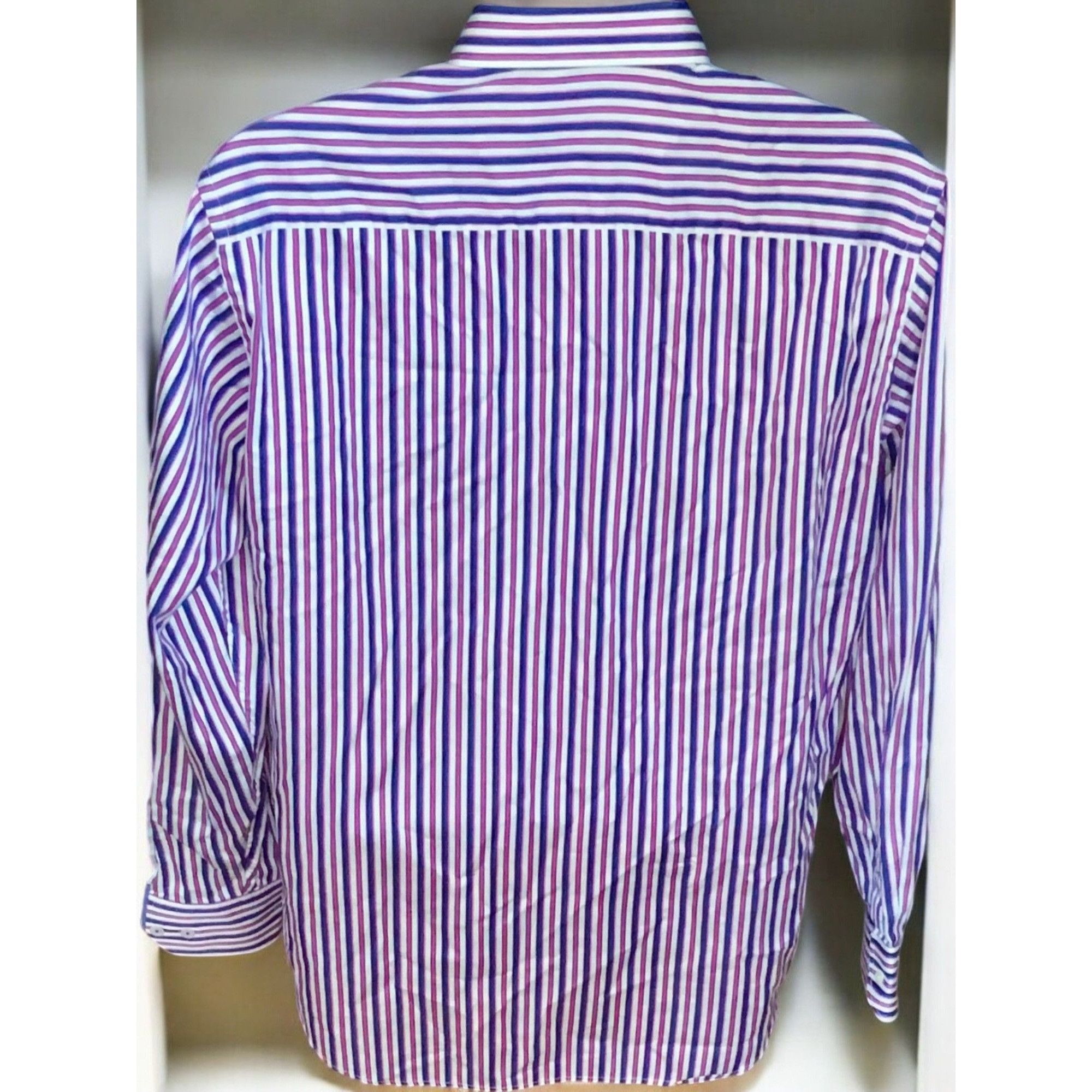 Bugatti Bugatchi Mens Cotton Classic Purple White Striped Shirt XL Size US XL / EU 56 / 4 - 3 Thumbnail
