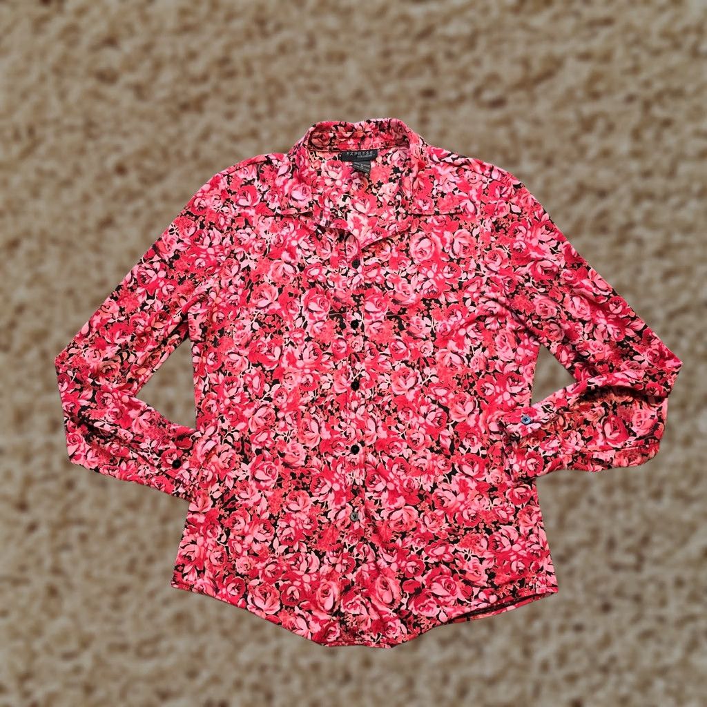 Express VINTAGE Express Blouse Womens Medium Pink Floral Stretch Button Long Sleeve 90s Y2K Size M / US 6-8 / IT 42-44 - 1 Thumbnail