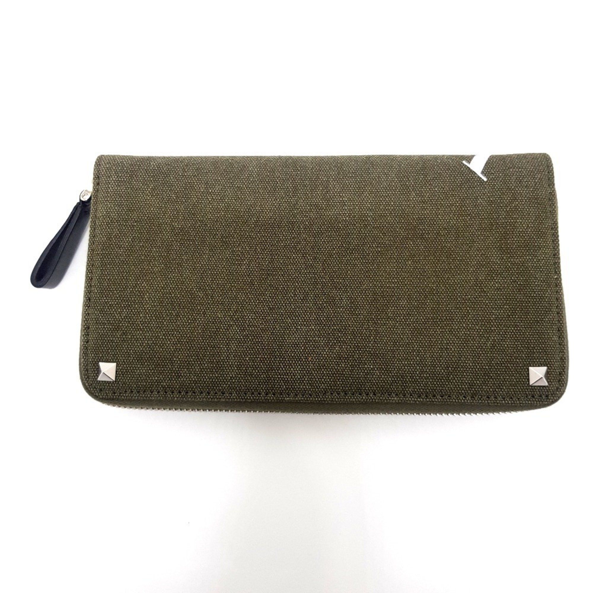 Valentino Valentino Garavani Studded VLTN Print Round Long Wallet Canvas x Leather Men's Women's Khaki White Size ONE SIZE - 1 Thumbnail