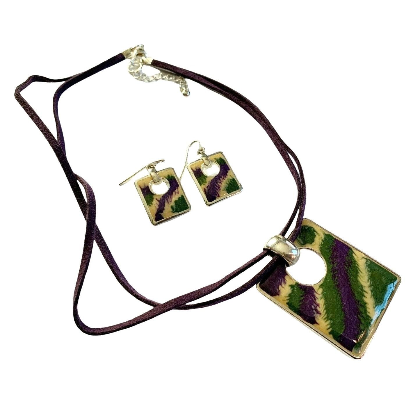 Other Purple Green & White Necklace and Earring Set Jewelry Leathe Size ONE SIZE - 1 Thumbnail