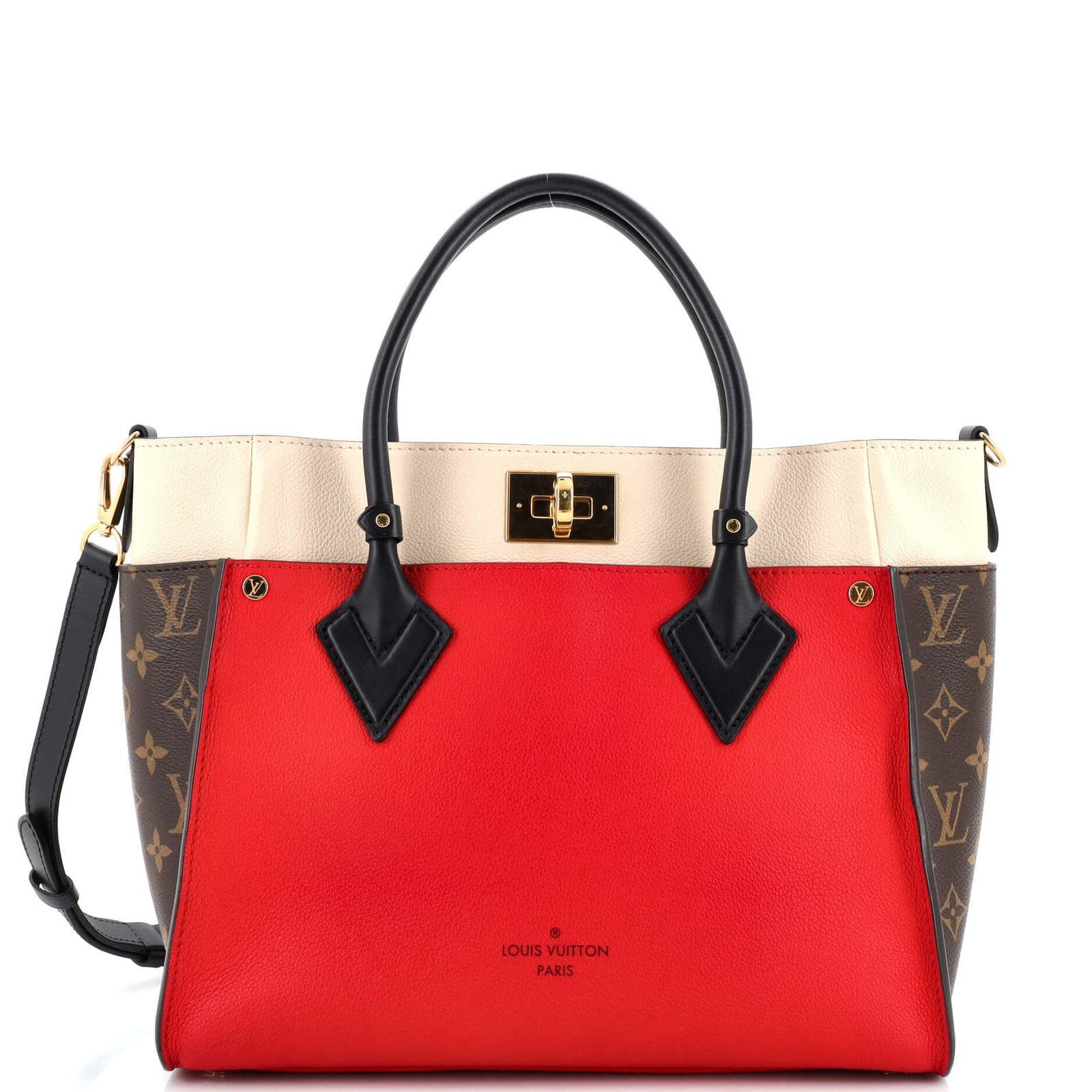 On My Side Tote Leather with Monogram Canvas MM
