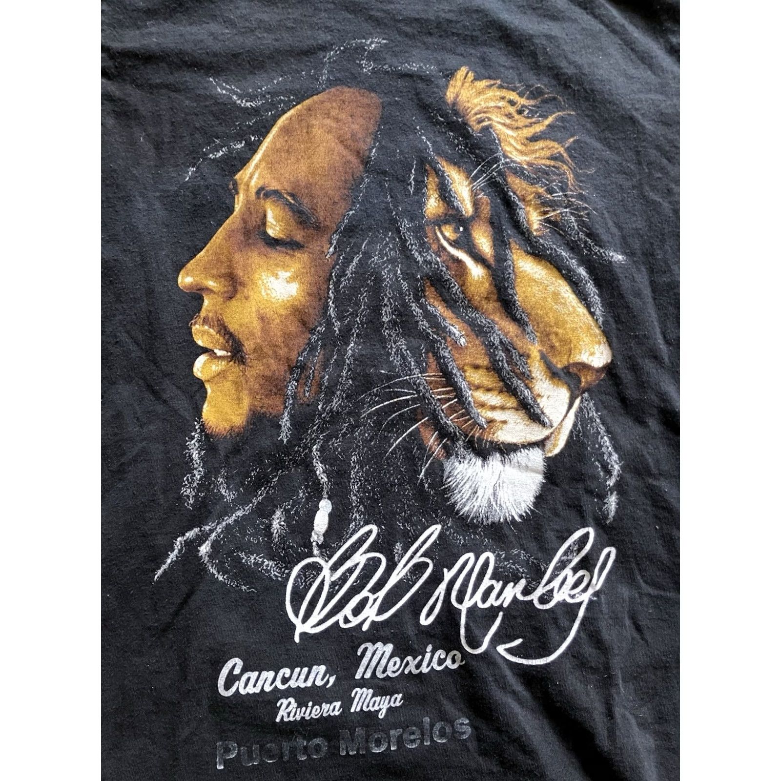 Vintage BOB MARLEY & LION Zion Black T-Shirt S Mens Cotton Crew Neck Short Sleeve Mexico Cancun Rivera Maya 2 Side Yazbek Music Shirt Size US S / EU 44-46 / 1 - 2 Thumbnail