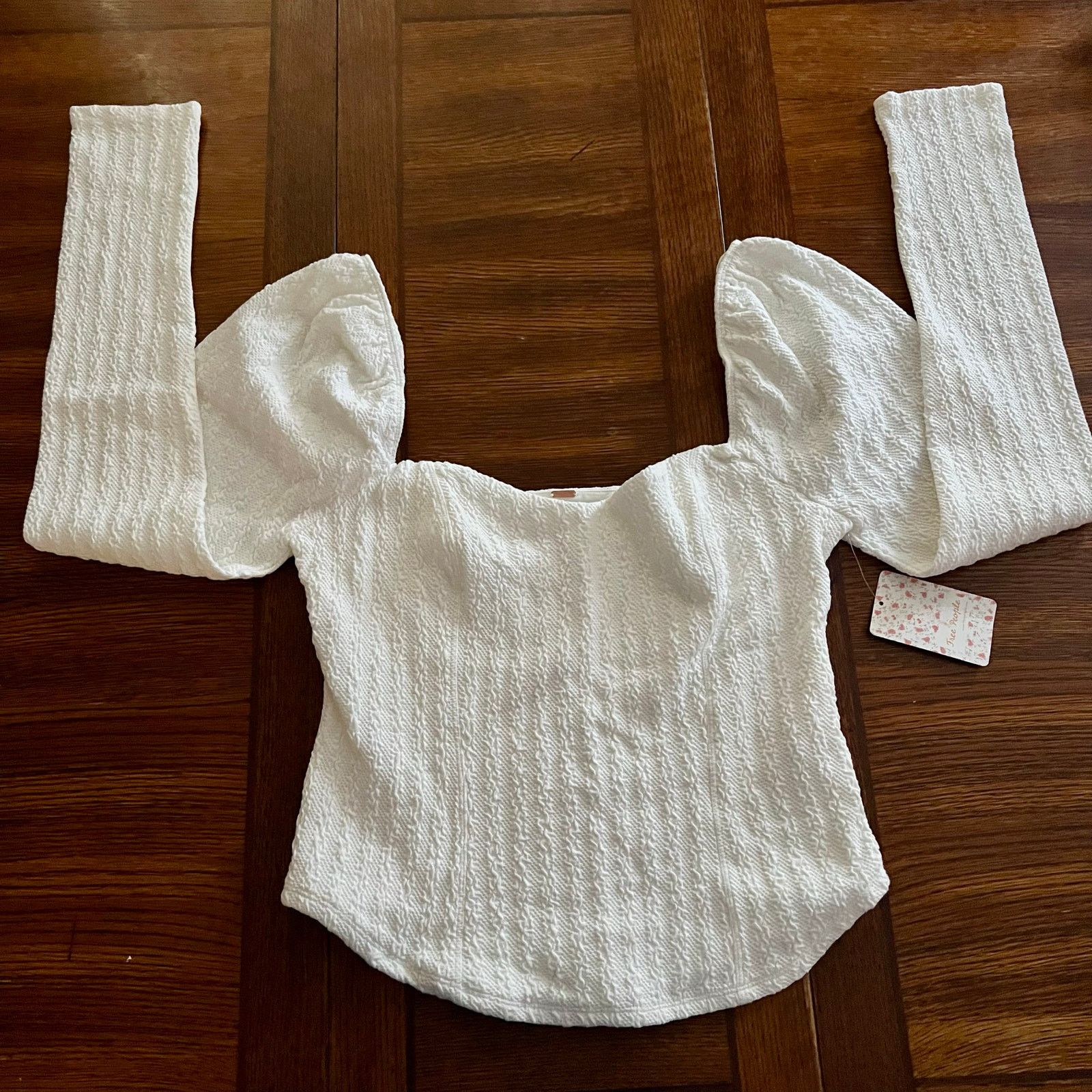 Free People NWT FREE PEOPLE Brittany White Ribbed Puff Sleeve Top Large Size L / US 10 / IT 46 - 19 Thumbnail