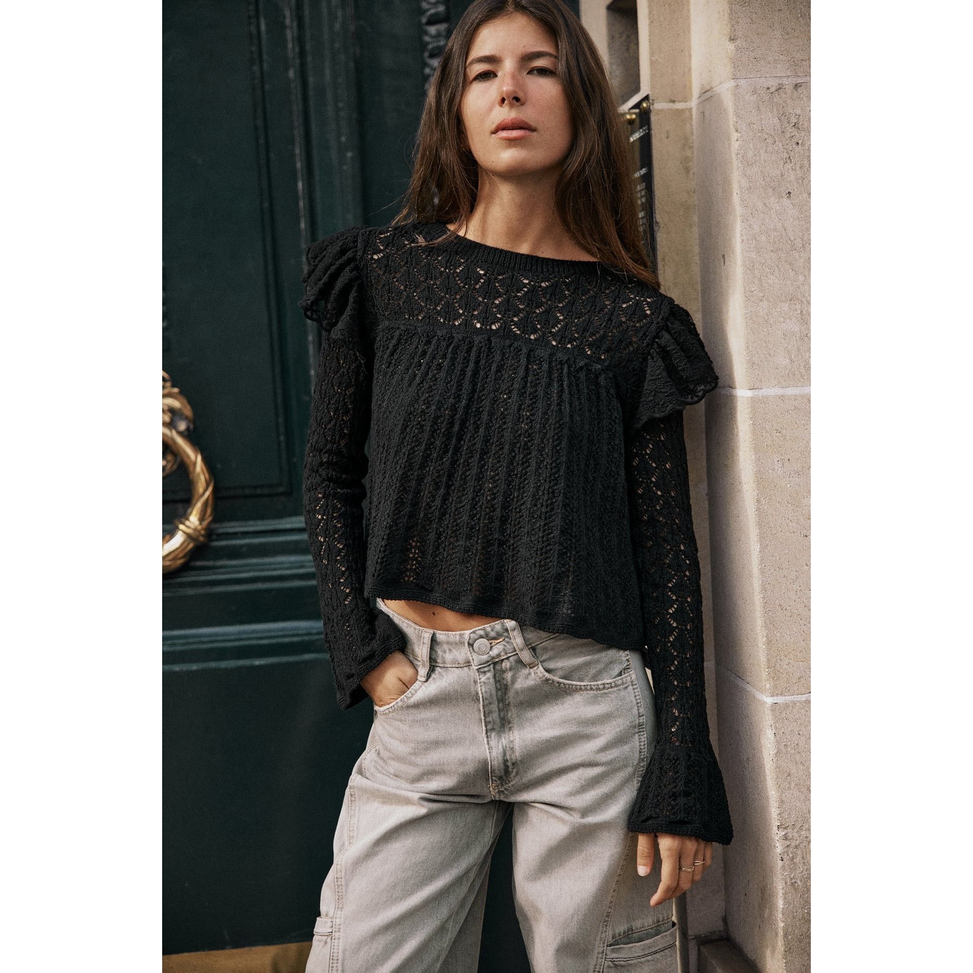 Zara Zara Black Pointelle Ruffle Long Sleeve Semi Crop Top Size S / US 4 / IT 40 - 1 Thumbnail