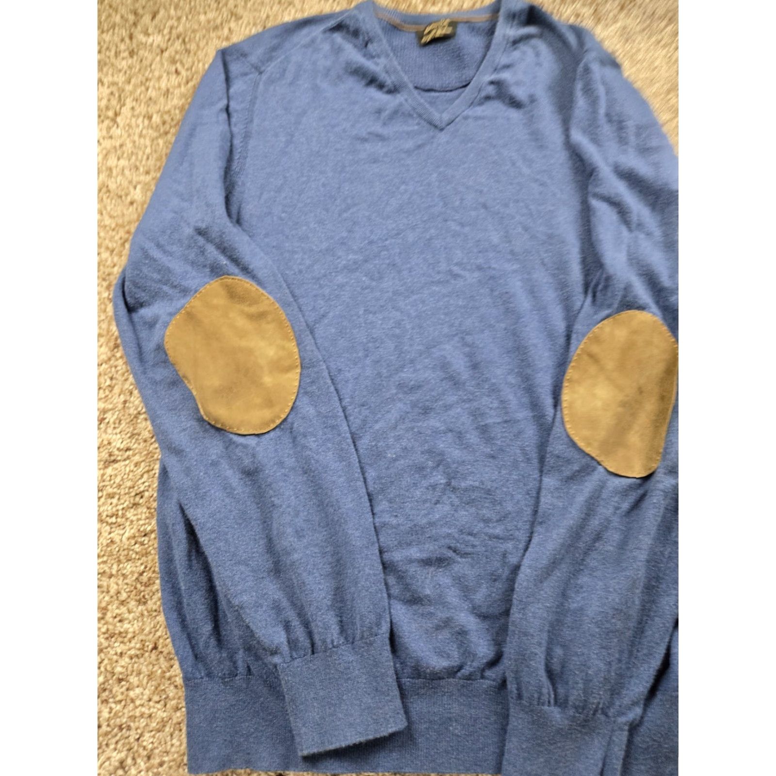 Massimo Dutti Massimo Dutti Mens Blue Knit Sweater XL V-Neck Cotton Cashmere Silk Elbow Patch Size US XL / EU 56 / 4 - 3 Thumbnail
