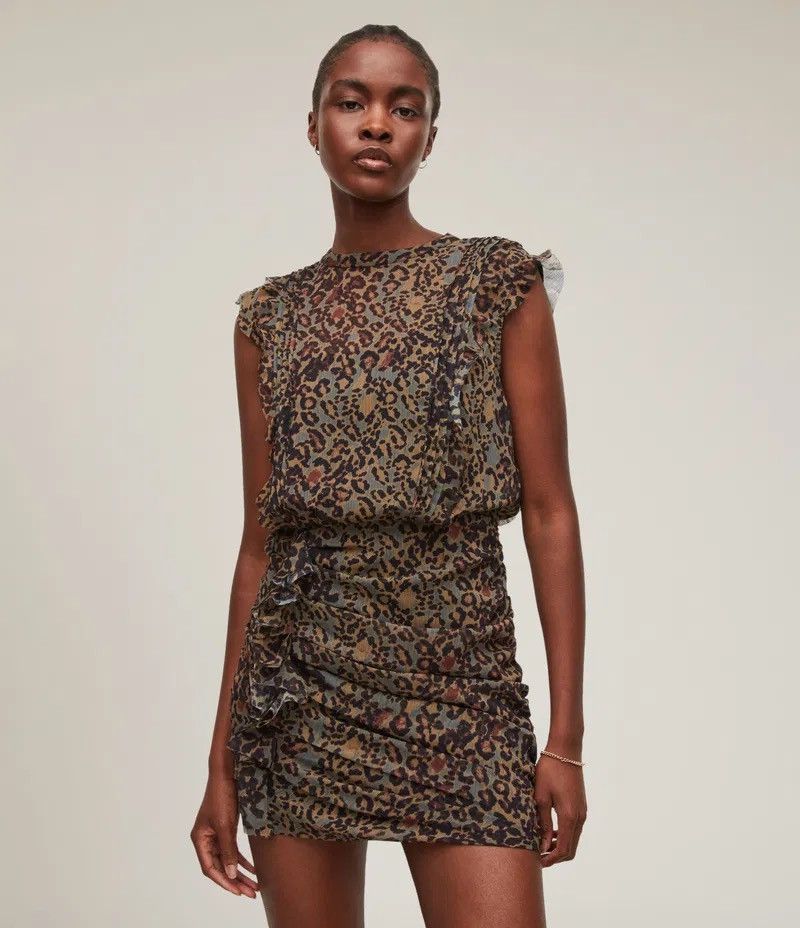Allsaints Hali Halftone Cheetah Ruffled Mini Dress US6 EU38