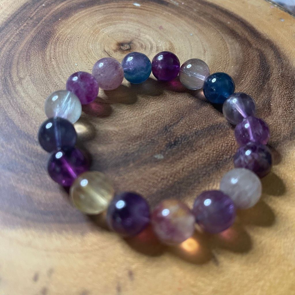 Other Fluorite bracelet striped layers rainbow colors stretch 12mm 7.5” natural crystal Size ONE SIZE - 5 Thumbnail