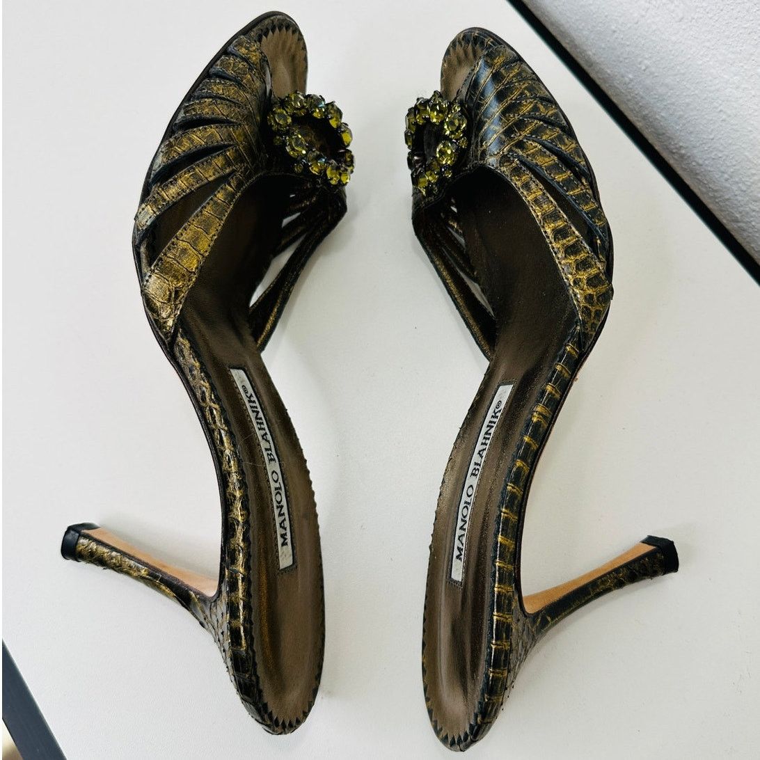 Manolo Blahnik Manolo Blahnik Green Hue Snake Jewel Sandal Heel 37.5 / 7.5 Size US 7.5 / IT 37.5 - 8 Thumbnail