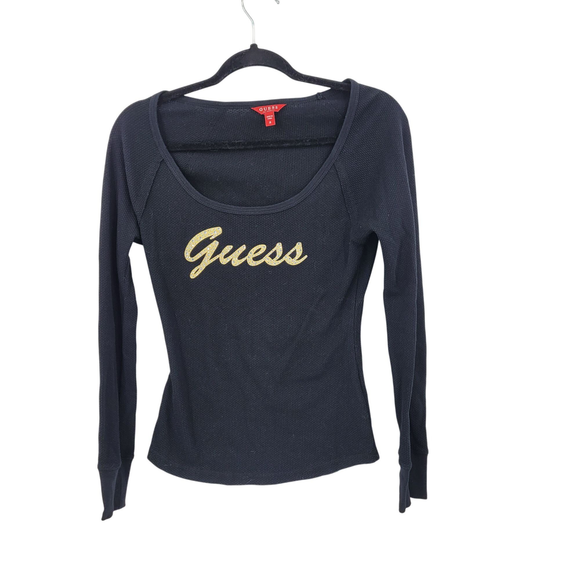 Guess Y2K Guess Black Long-Sleeve Thermal Knit Top Womens Sz M Gol Size M / US 6-8 / IT 42-44 - 12 Thumbnail