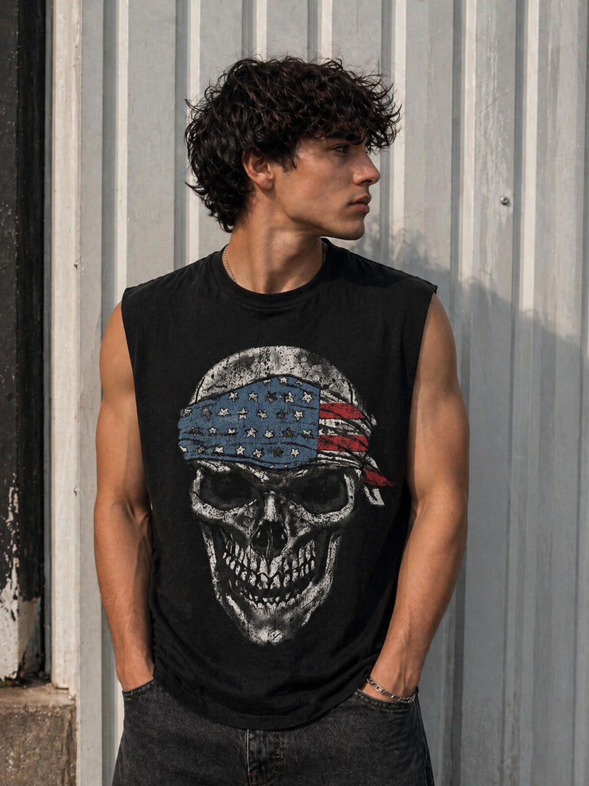 Other Men Skull American Flag Sleeveless T Shirt Biker Patriotic Size US XL / EU 56 / 4 - 1 Thumbnail