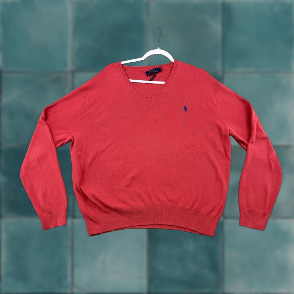 Polo Ralph Lauren Polo Ralph Lauren Mens Sweater L V-Neck Pima Cotton Pink Embroidered Logo City Preppy Modern Casual Pullover Knit All Seasons Size US L / EU 52-54 / 3 - 1 Thumbnail