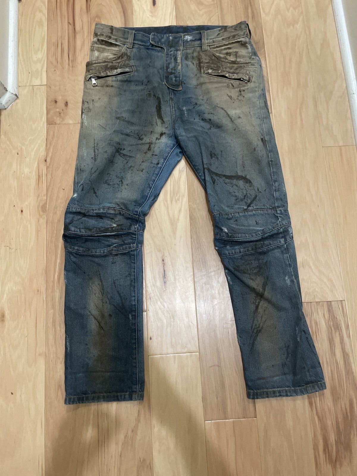 Balmain oil spill biker jeans