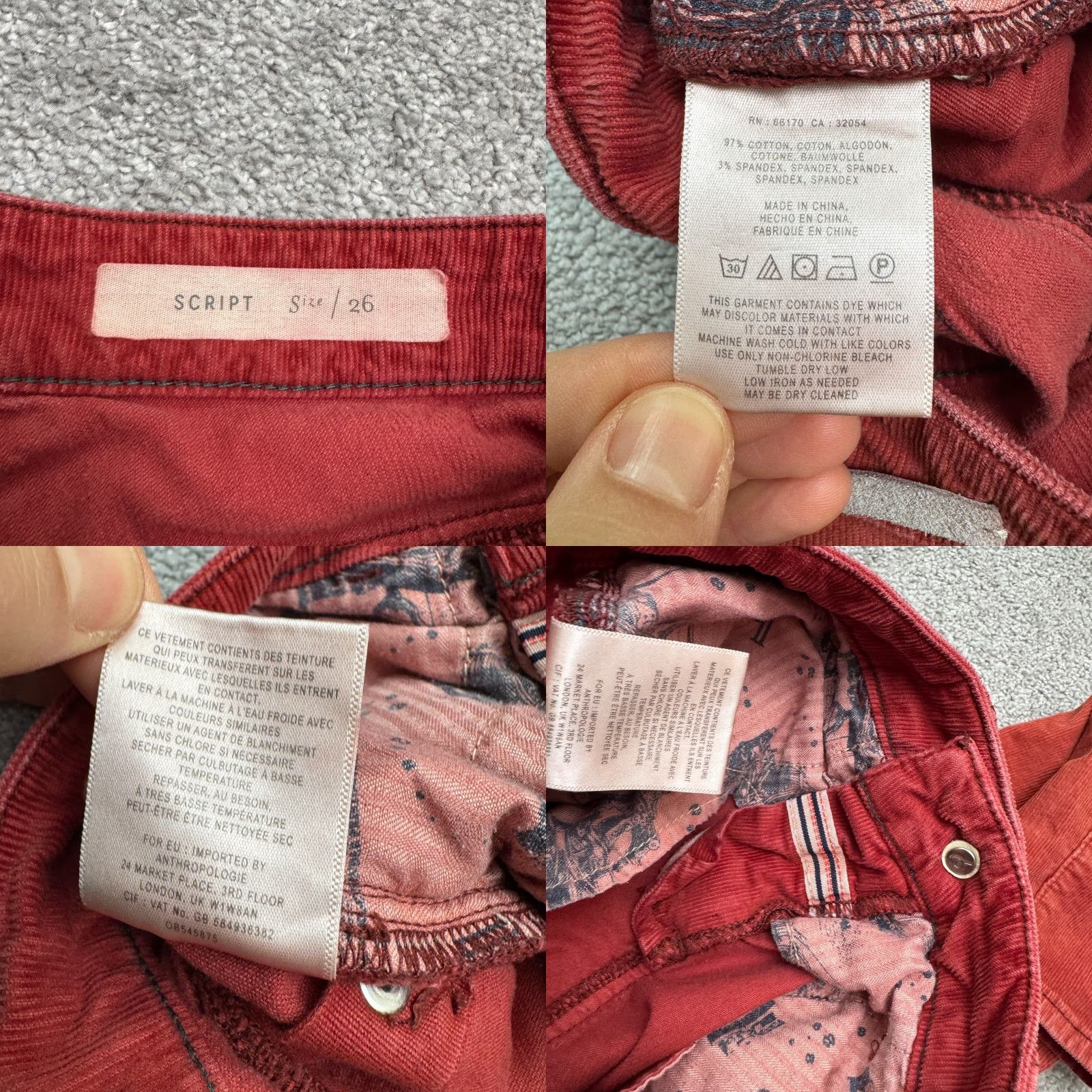 Vintage Pilcro And The Letterpress Corduroy Pants Womens 26 Red Cotton Chino Regular Skinny ZIP Closure Button Front 90s? Size 26" / US 2 / IT 38 - 8 Thumbnail
