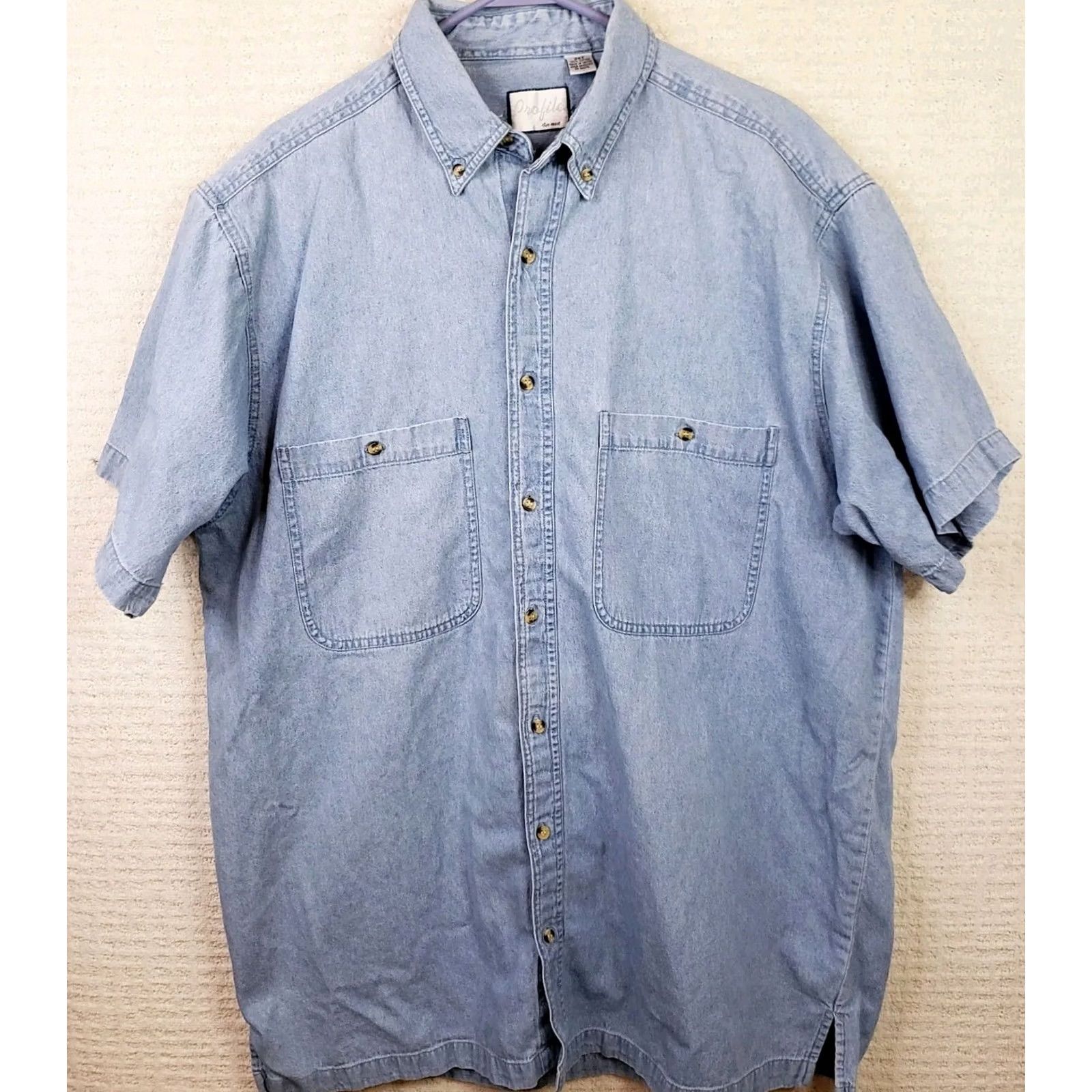 Vintage Profile for Men Denim Shirt 2XT Light Blue Long Sleeve Button-Up Pockets Casual Workwear Shirts Mens Size US XXL / EU 58 / 5 - 2 Thumbnail